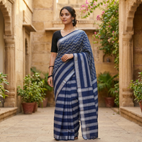 Indigo Blue Colour Trendy Linen Saree