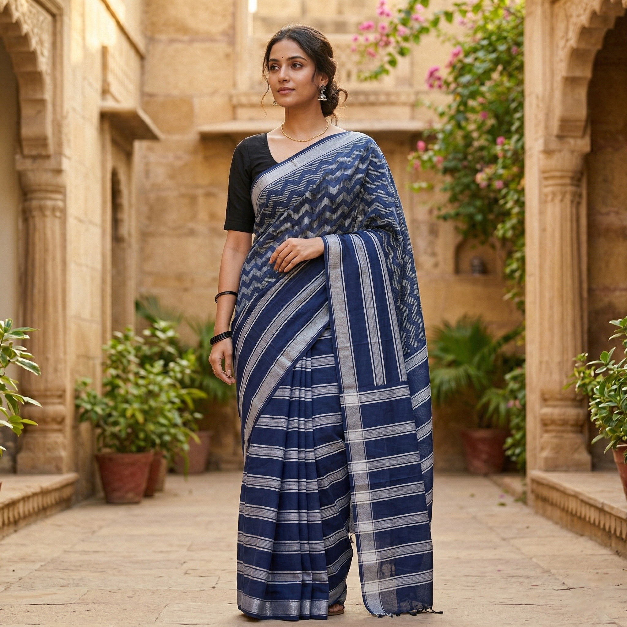 Indigo Blue Colour Trendy Linen Saree