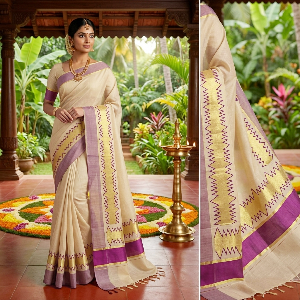 Off White With Purple Sharp Geometric Zip-Zag Lines Stitched Over Wide Gold traditional kerala onam saree