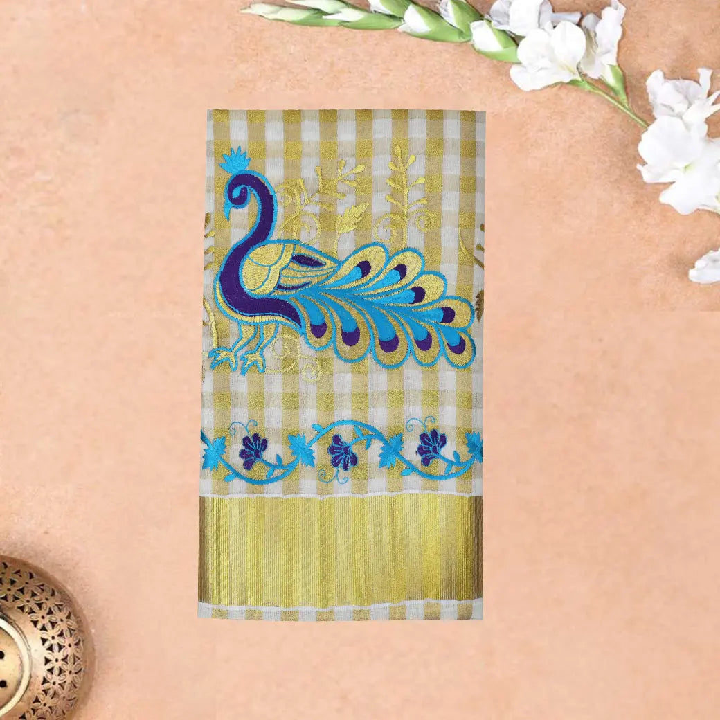 Southloom Exclusive Onam Kerala Traditional Fancy Border Peacock design Checked Cotton Saree (Matching Plain Blouse Included)