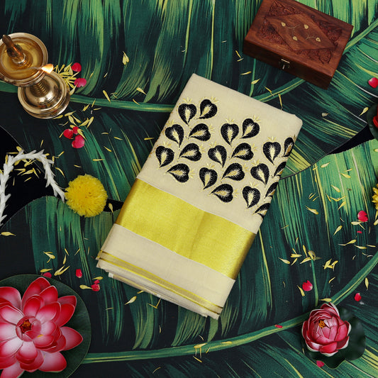 Off White With Black Leaf Cluster Motifs Embroidery  traditional kerala onam saree