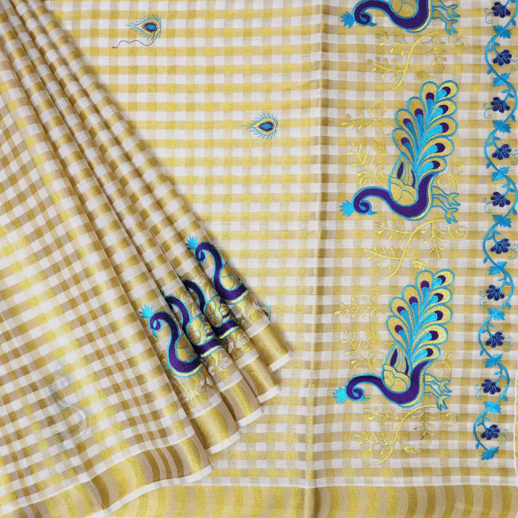 Southloom Exclusive Onam Kerala Traditional Fancy Border Peacock design Checked Cotton Saree (Matching Plain Blouse Included)