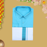 Cyan With White Readymade Shirt And Matching Border Dhoti Set for Men