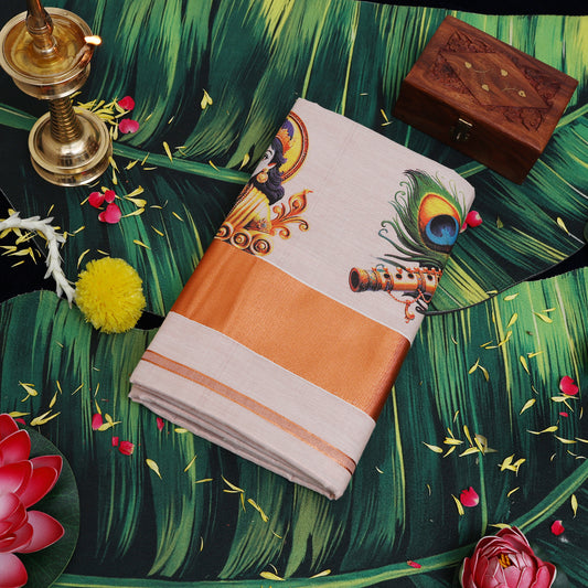 Rose Gold With Krishna Mural And Peacock Feather Prints traditional kerala onam saree