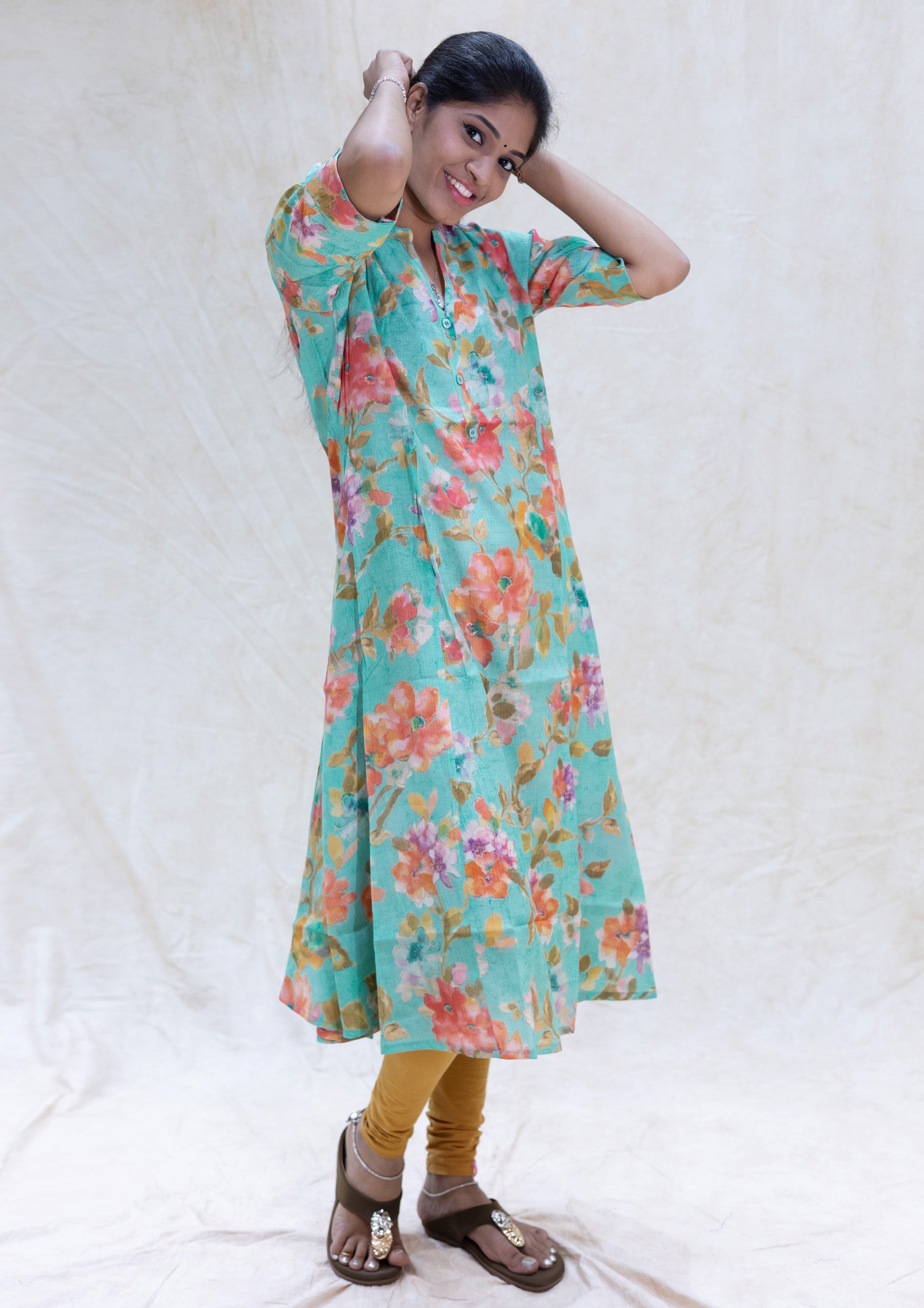 Sea green With orange and pink Floral Design Ladies Branded Umbrella Top Readymade