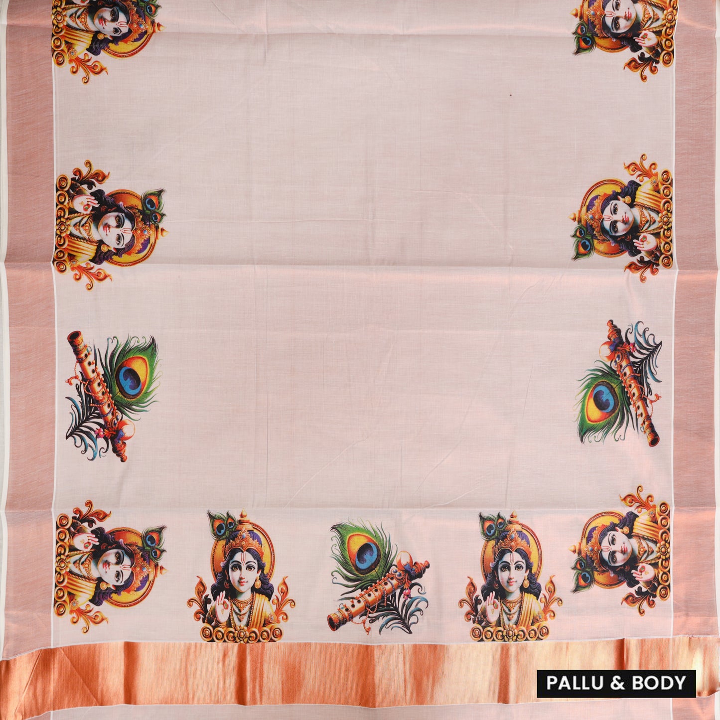 Rose Gold With Krishna Mural And Peacock Feather Prints traditional kerala onam saree