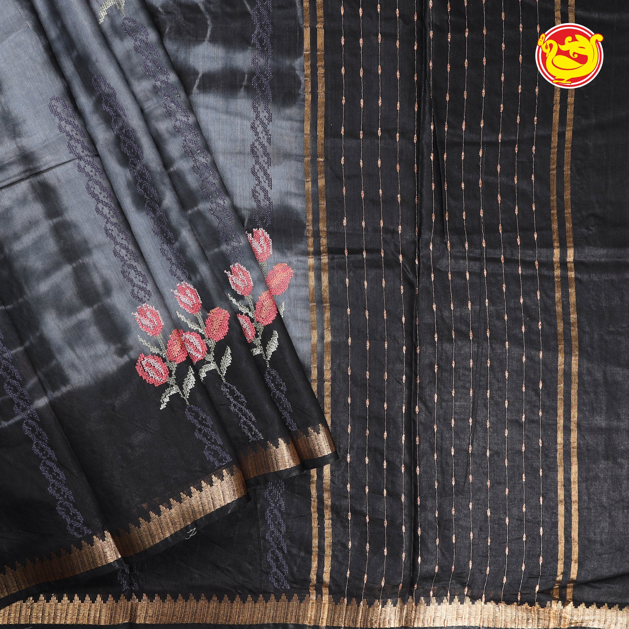 Black art tussar saree with shibori and embroidery