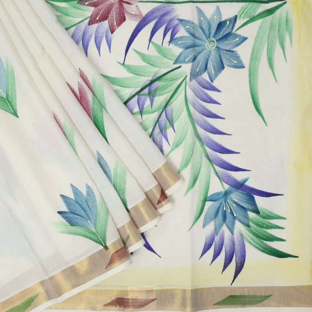 Southloom Exclusive Onam Kerala Traditional Fancy Border Floral Cotton Saree (Matching Plain Blouse Included)