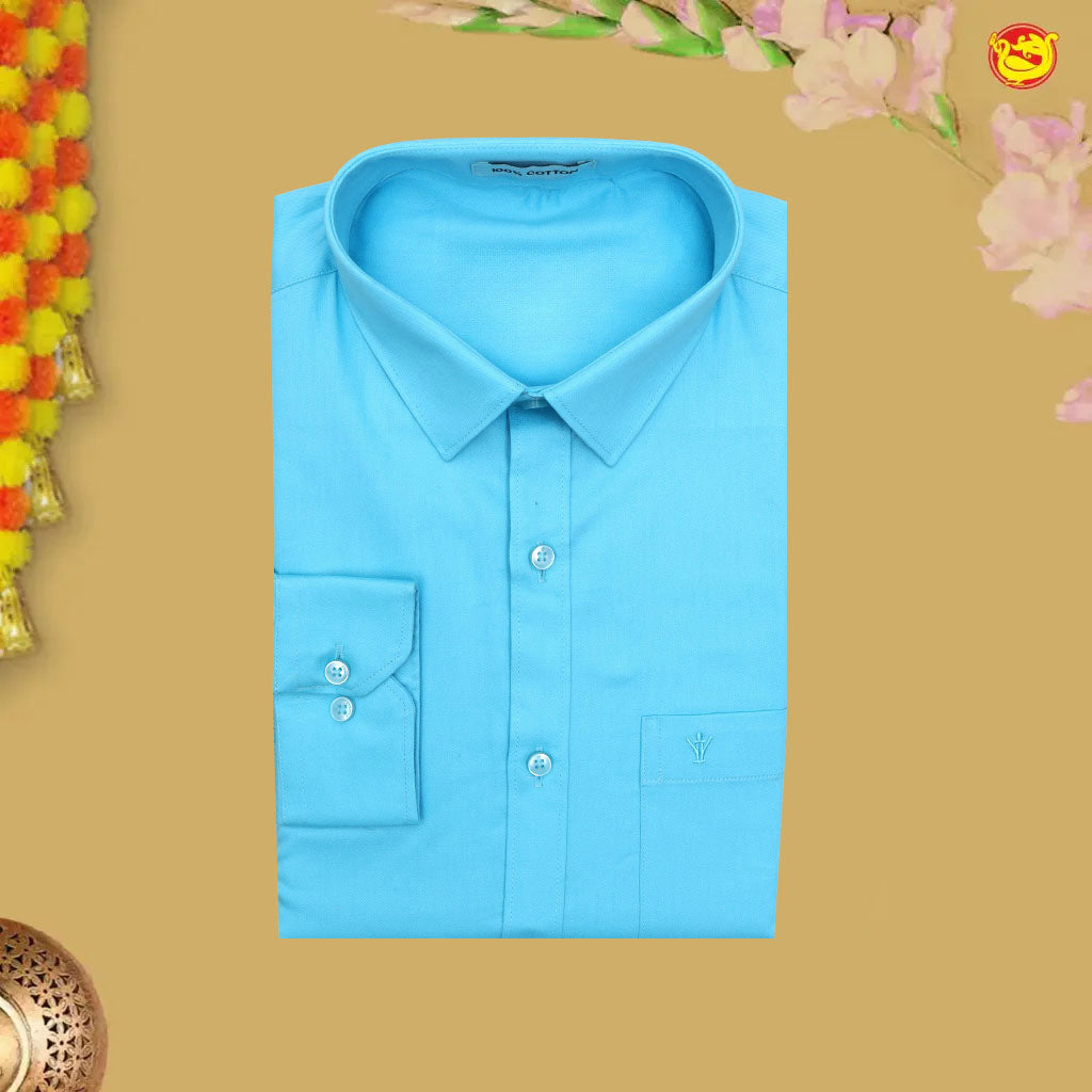 Cyan With White Readymade Shirt And Matching Border Dhoti Set for Men