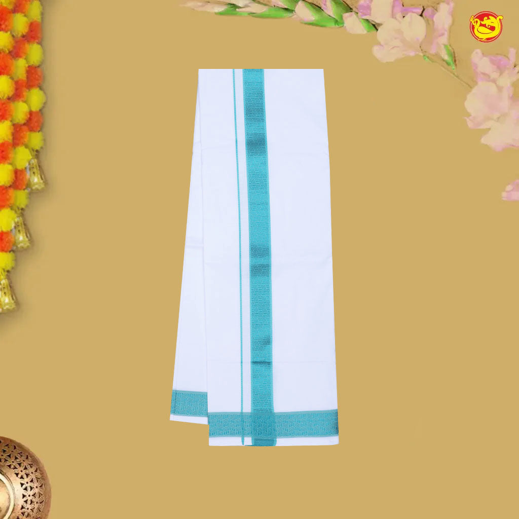 Cyan With White Readymade Shirt And Matching Border Dhoti Set for Men
