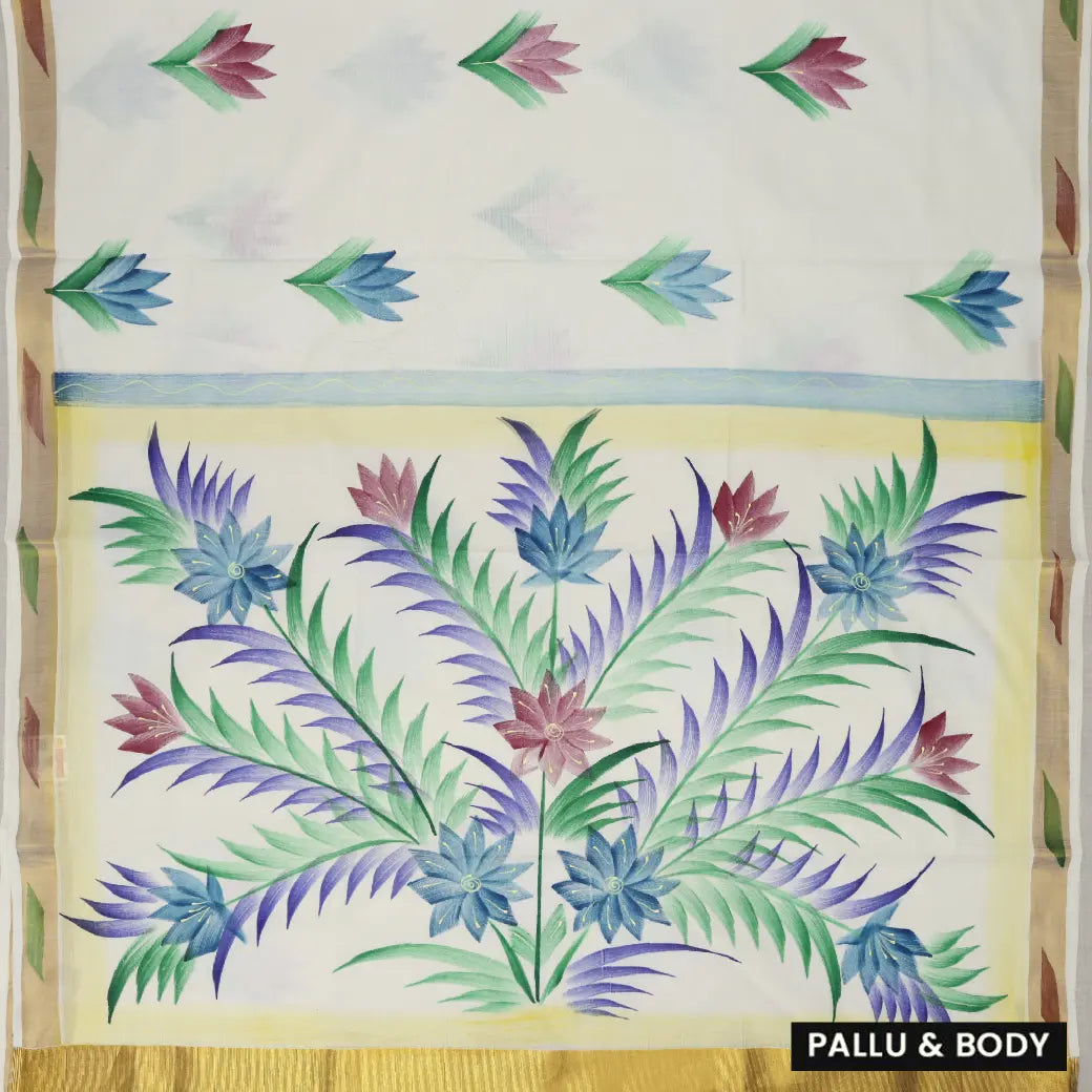 Southloom Exclusive Onam Kerala Traditional Fancy Border Floral Cotton Saree (Matching Plain Blouse Included)