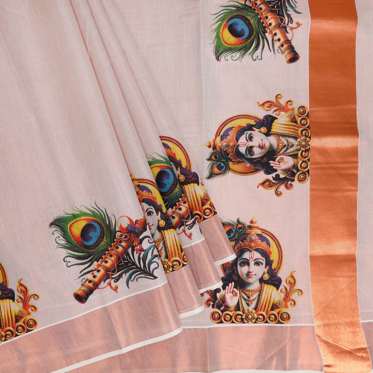 Rose Gold With Krishna Mural And Peacock Feather Prints traditional kerala onam saree