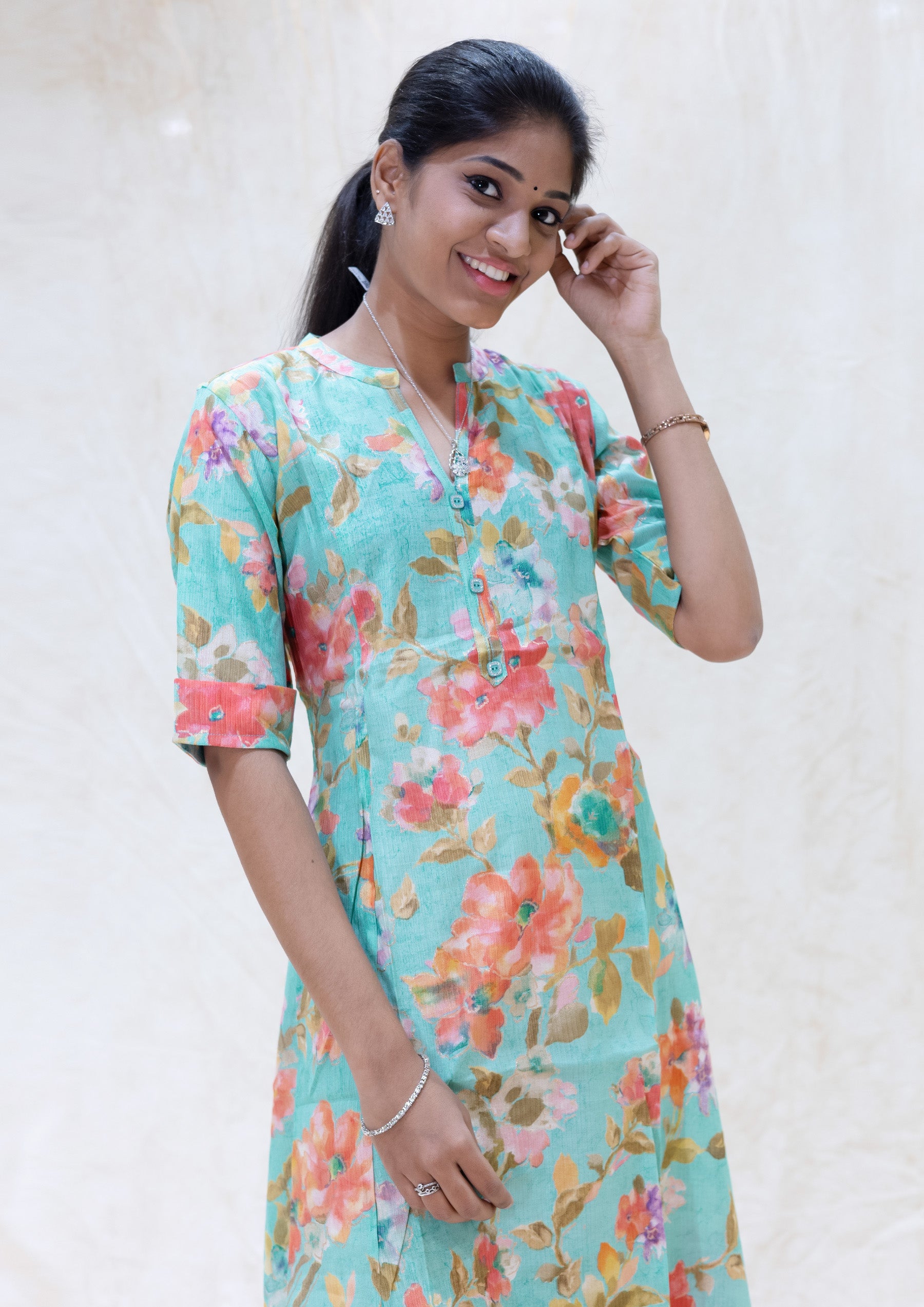 Sea green With orange and pink Floral Design Ladies Branded Umbrella Top Readymade