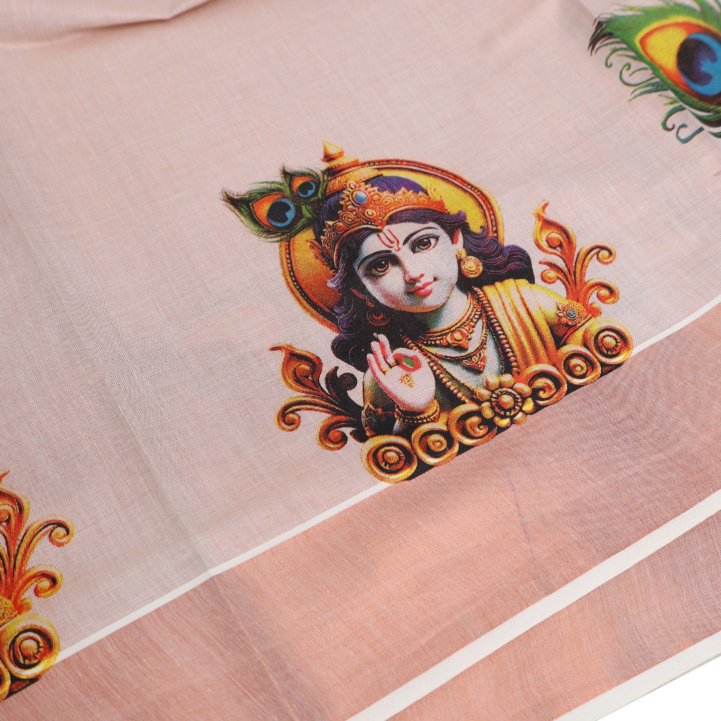 Rose Gold With Krishna Mural And Peacock Feather Prints traditional kerala onam saree