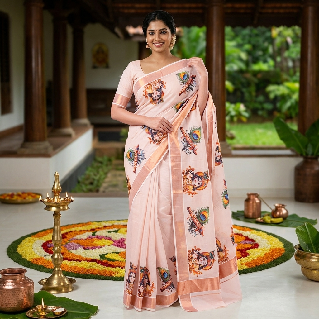 Rose Gold With Krishna Mural And Peacock Feather Prints traditional kerala onam saree