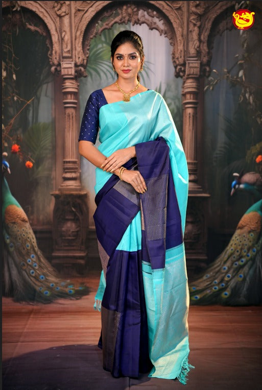 Aqua Blue with Navy Blue Floral Print Soft Silk Saree