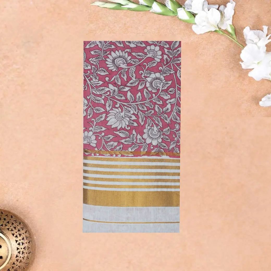 Onam Kerala Elegant semi tissue printed Traditional Fancy Border  Tissue Saree (Matching Plain Blouse Included)