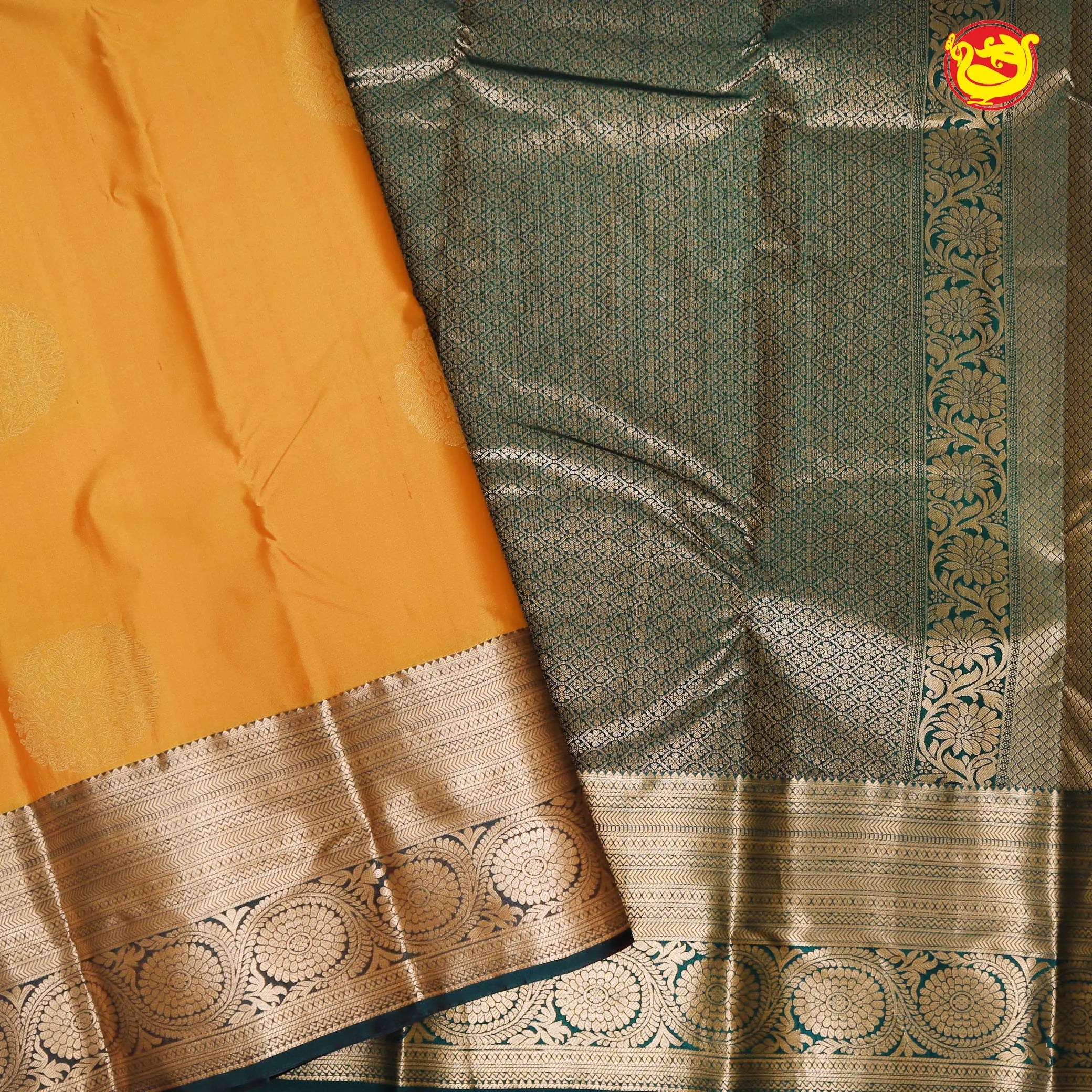 Mustard Yellow with Dark Green Soft Silk Saree