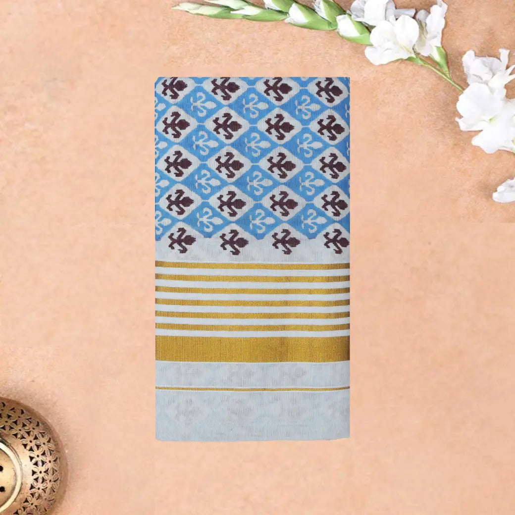 Onam Kerala Elegant semi tissue printed Traditional Fancy Border  Tissue Saree (Matching Plain Blouse Included)