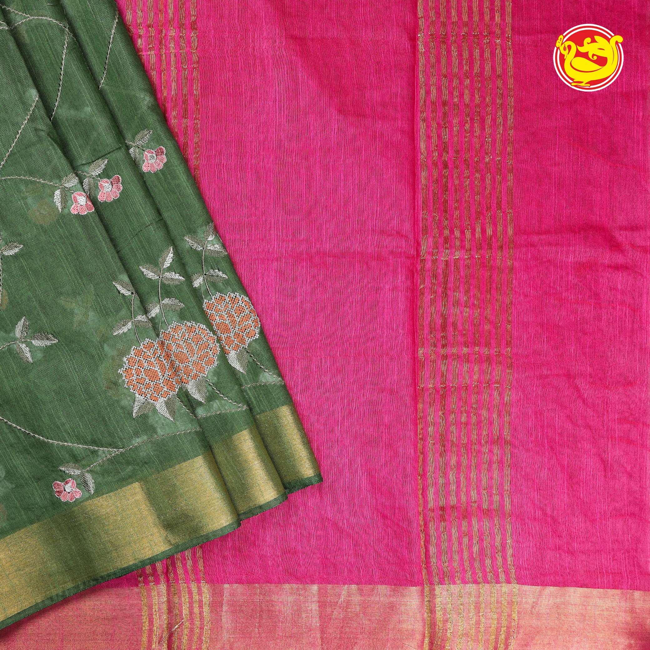 Mossy green art tussar saree with embroidery