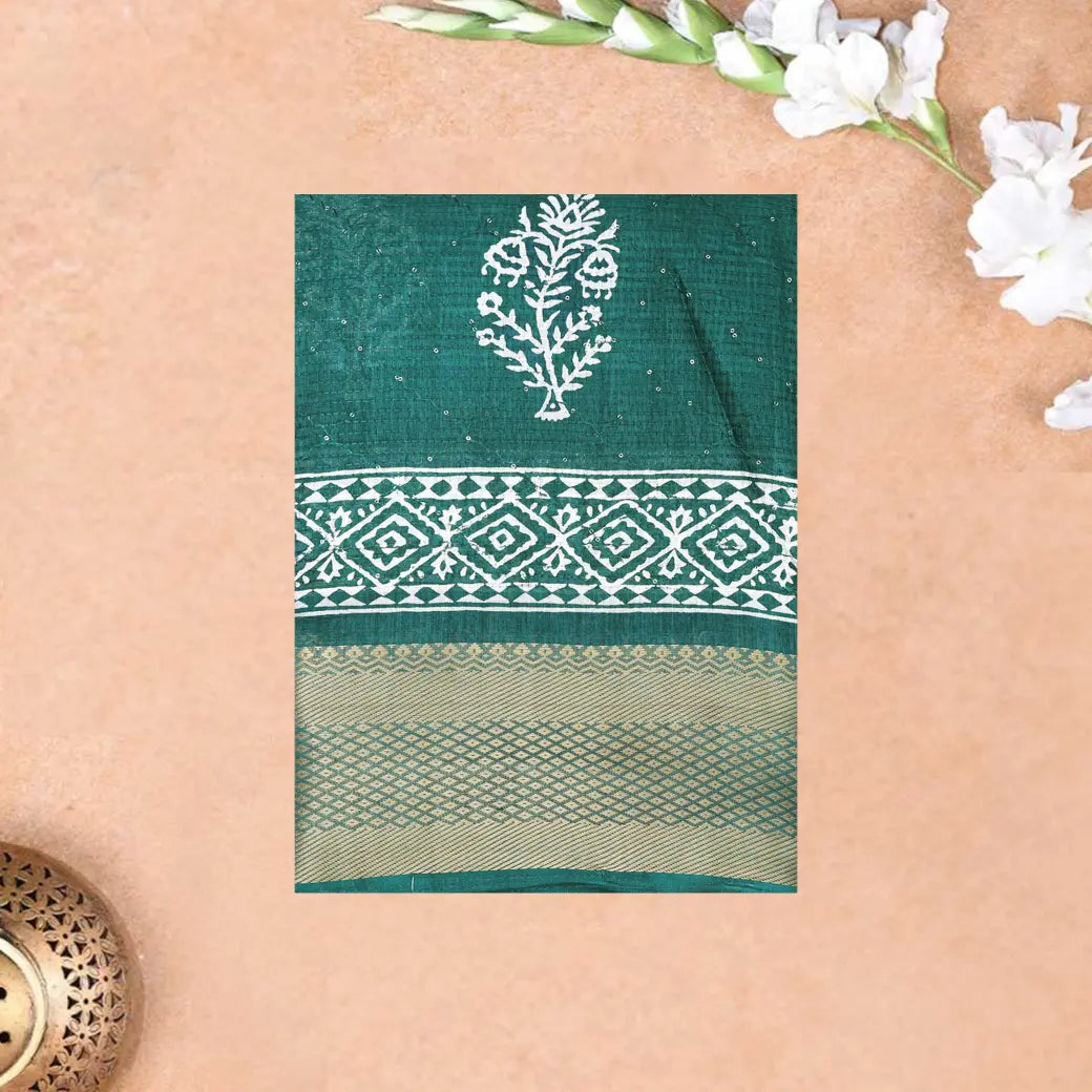 Green with Sequence Printed Semi Dola Silk Saree