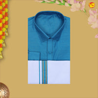 Blue With White Readymade Shirt And Matching Border Dhoti Set for Men