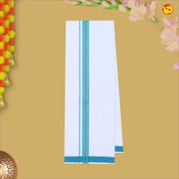 Blue With White Readymade Shirt And Matching Border Dhoti Set for Men