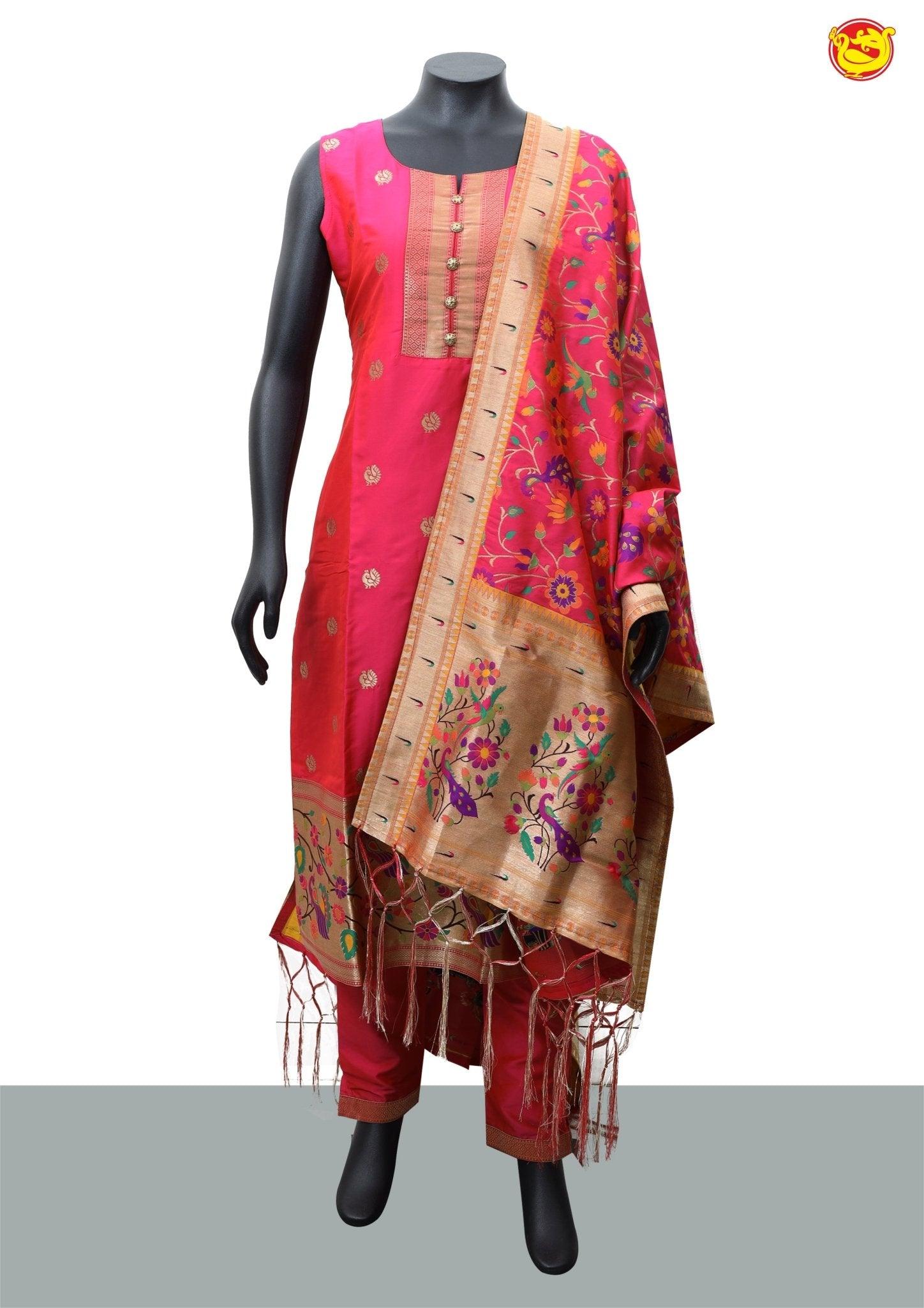 Rani Pink Cotton Silk Jacquard Kurta Pant With Banarasi Silk Dupatta