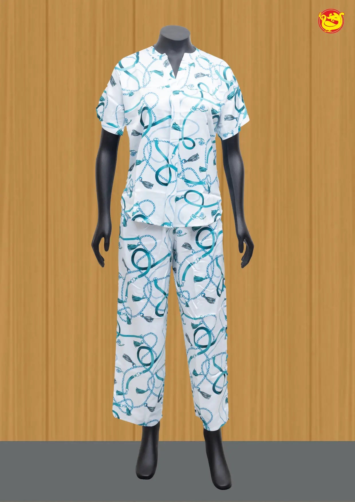 White with blue Women Night Suit Printed