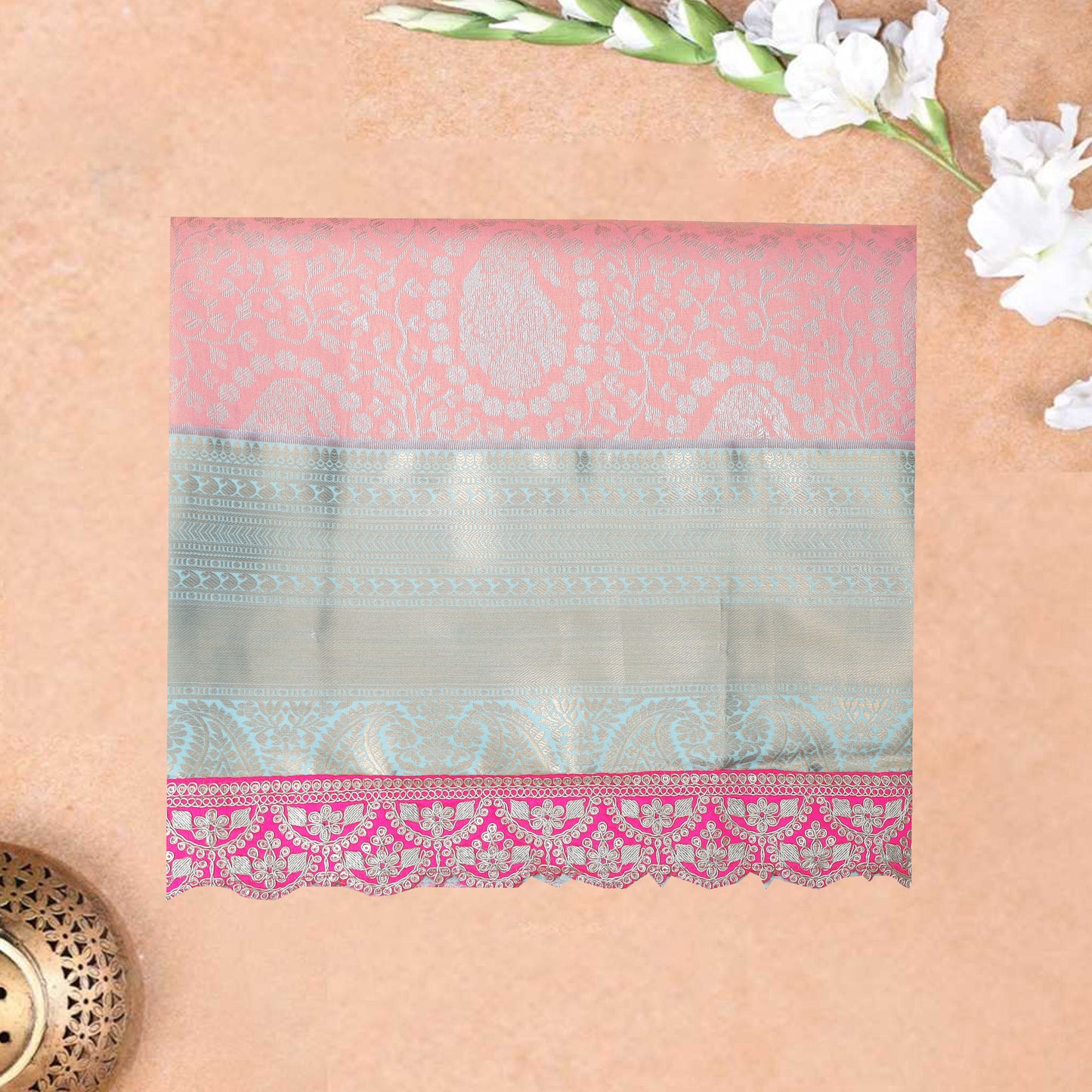 Peach With Sky Blue Floral Design Tissue Silk Saree