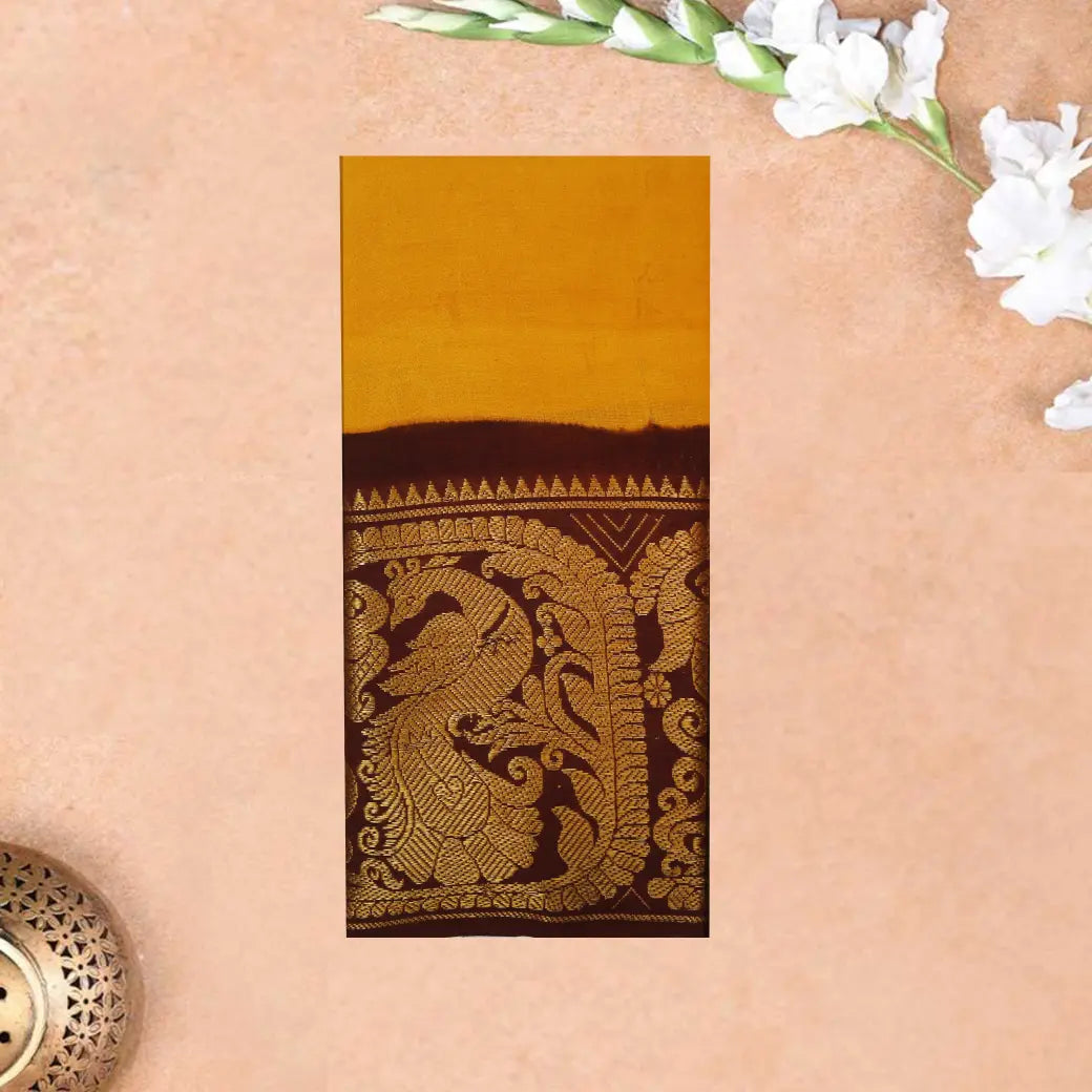 Mustard Yellow with Chocolate Brown Sungudi Cotton Saree without Blouse