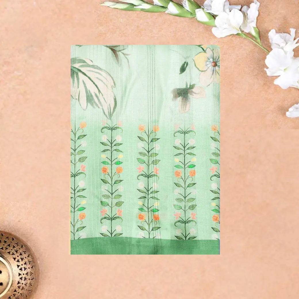 Pastel green floral design Semi Chanderi Silk Saree