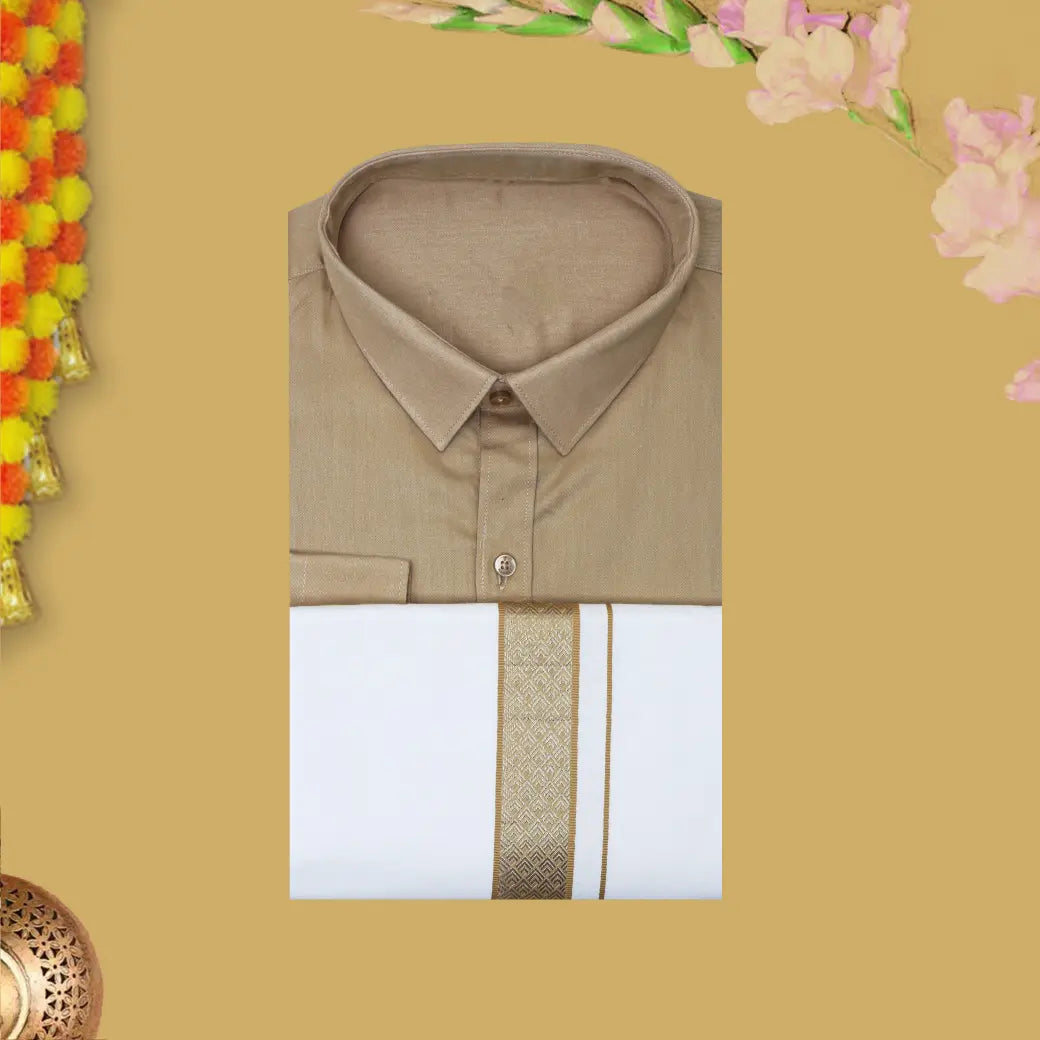 Sandel With White Cotton Readymade Shirt and Singel Matching Border Dhoti Set For Men