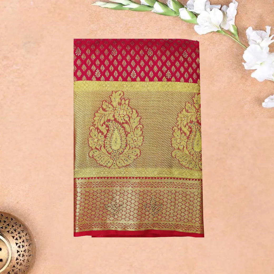 Red  with Gold Zari Border Wedding Silk Saree