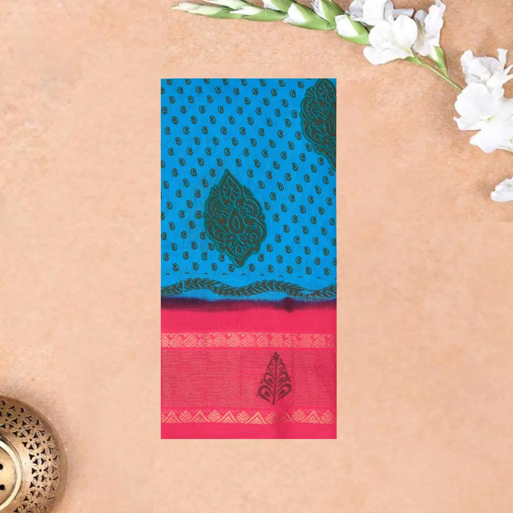 Cyan Blue with Pink Mul Mul Cotton Saree without Blouse