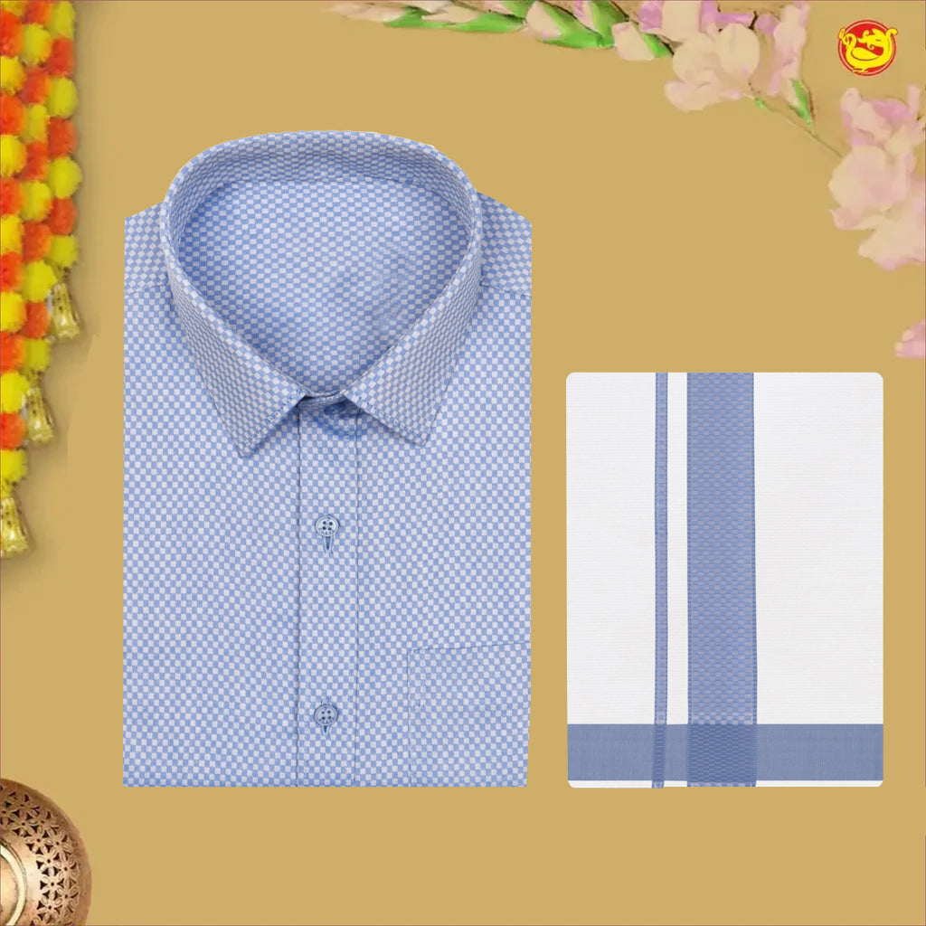 Blue With White Dhoti Readymade Small Checked Shirt And Matching Border Dhoti Set for Men