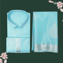Couple Combo Tissue Silk Set – Men’s Shirt & Dhoti with Matching Women’s Saree With Aqua Blue With Silver Zari Border
