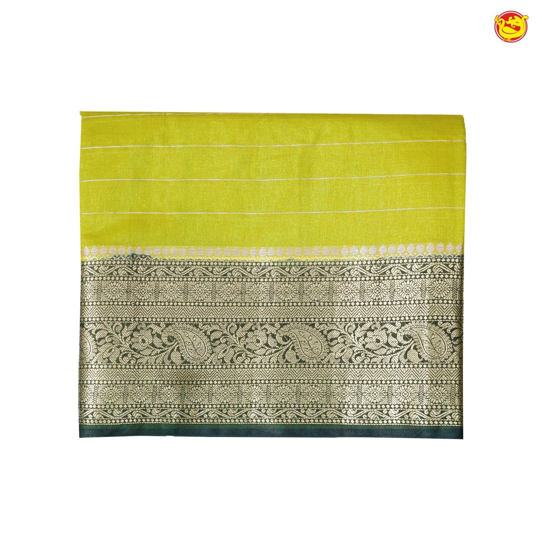 Mustard Yellow With Bottle Green Stripes Design Semi Silk Blend Saree With Double Blouse Concept