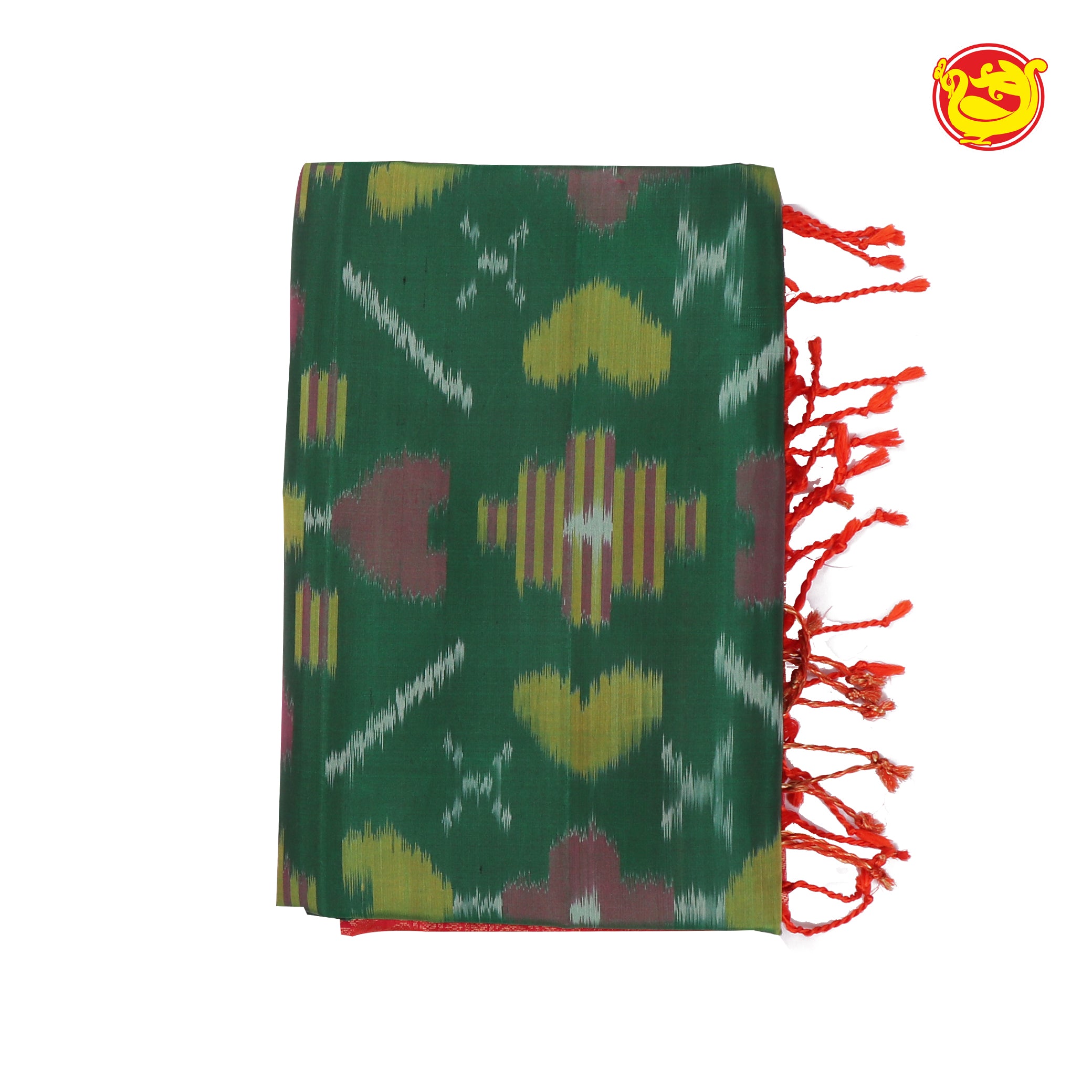 Bottle green with red ikat soft silk saree