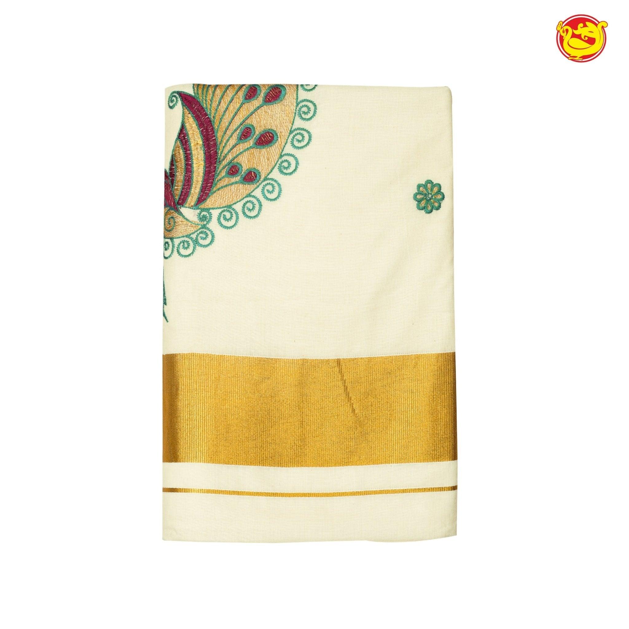 Southloom Exclusive Onam Kasavu Saree With Peacock Design High Quality Embroidery Across Body (Matching Plain Blouse Included)