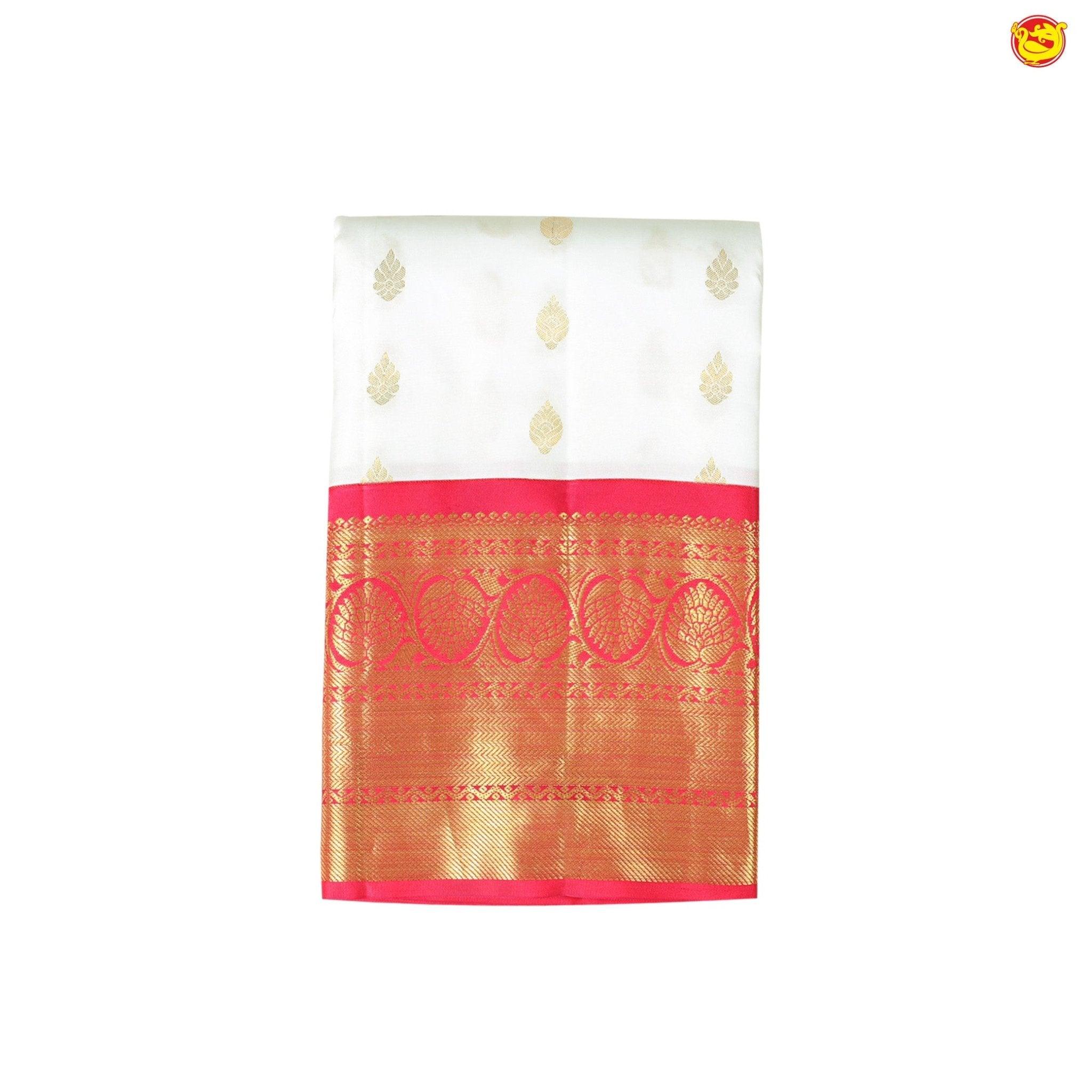 White With Maroon Floral Motifs Gold Zari Border Pure Kanjivaram Subhalaya Soft Silk Saree