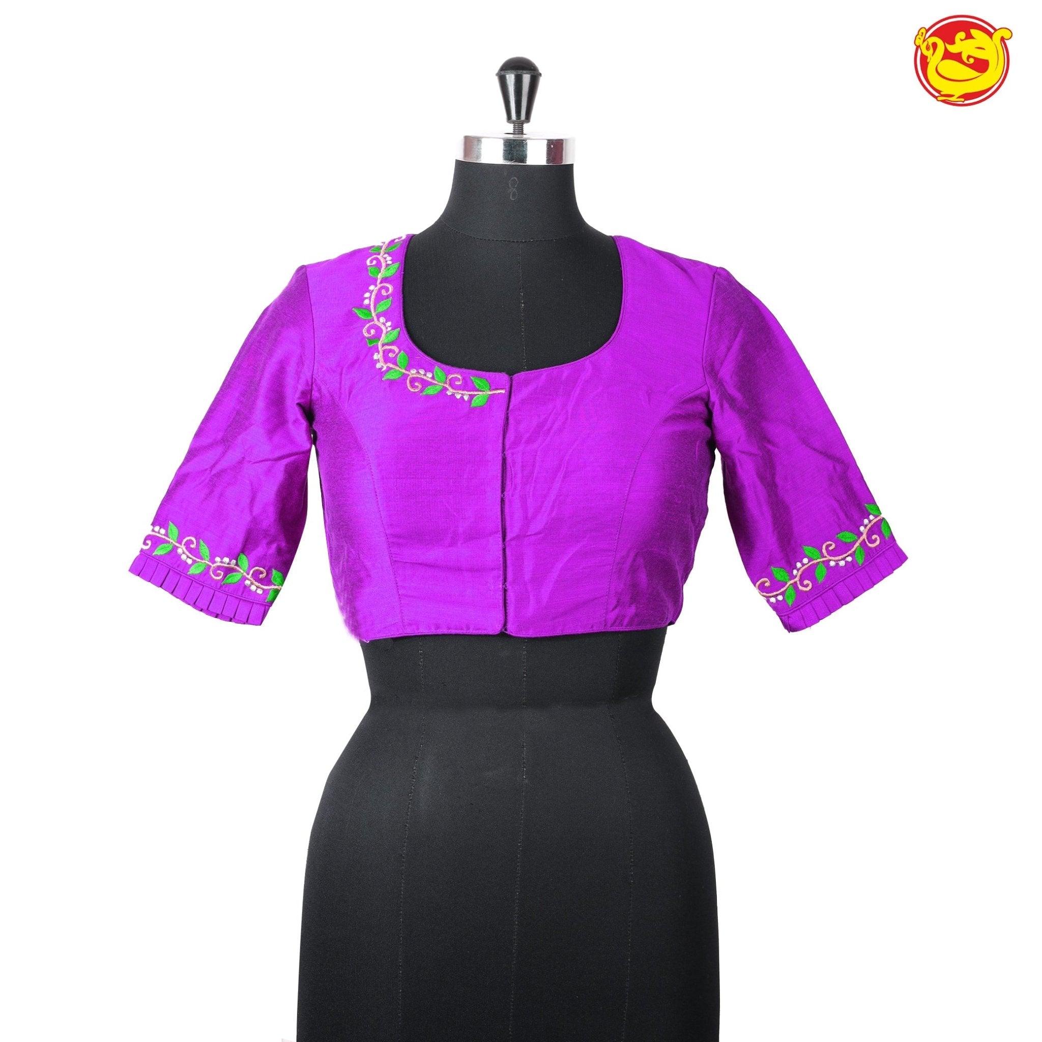 Purple With Floral Embroidery Work Pure Cotton Ready made Blouse - Thenianantham