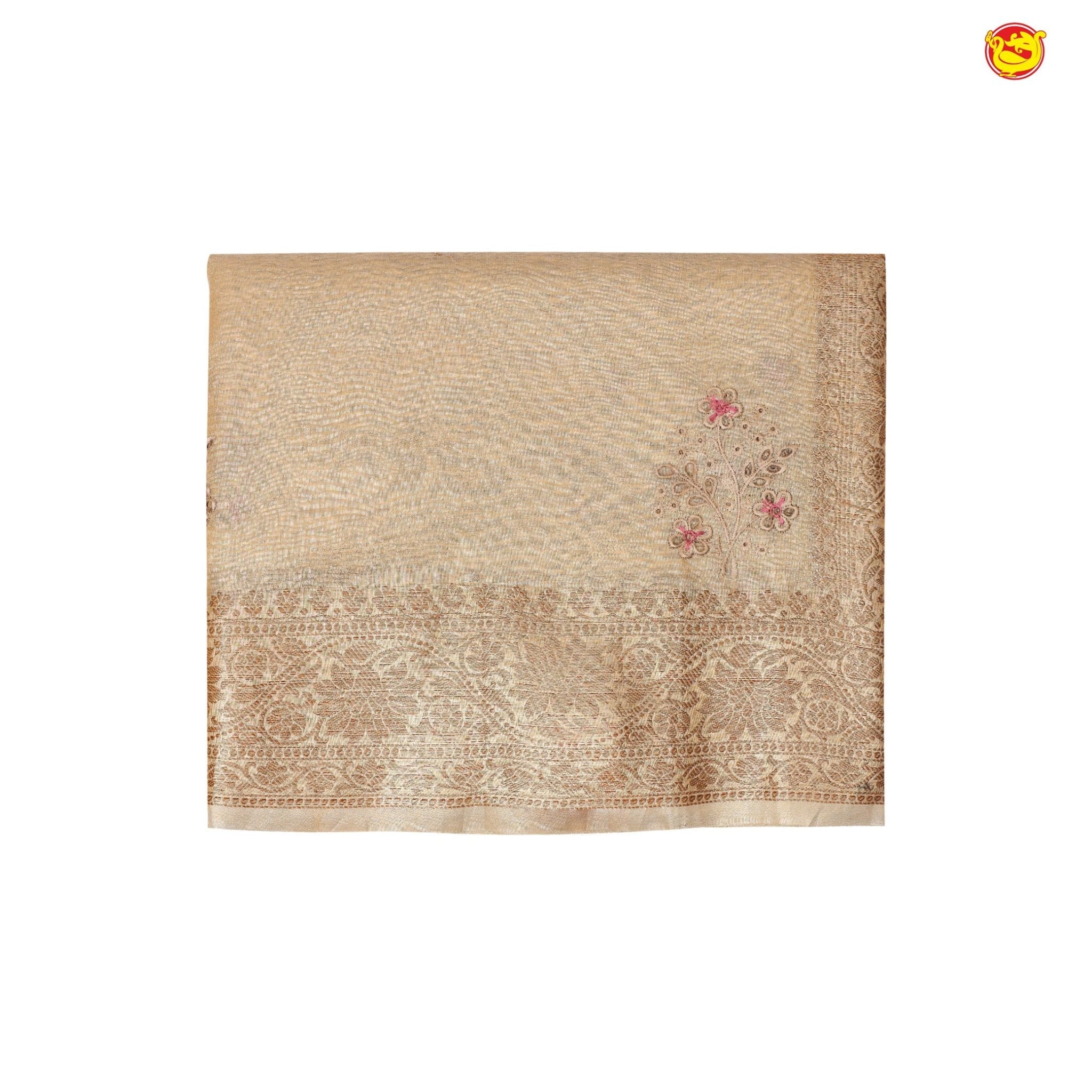 Gold With Gold Zari Border Tissue Crush With Floral Thread Embroidery Work Saree