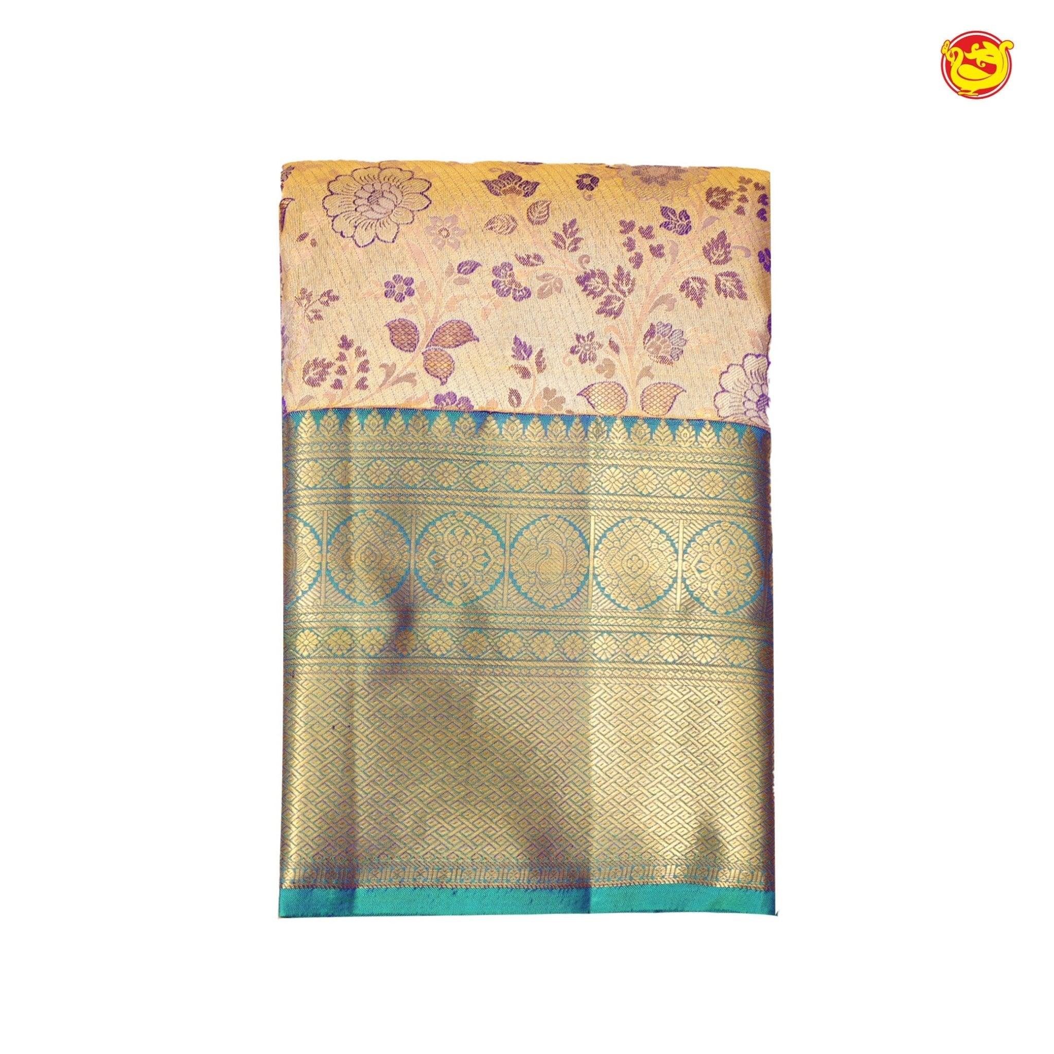 Golden Tissue With Peacock Green Floral Motifs Gold Zari Border Pure Kanjivaram Subhalaya Wedding Silk Saree - Thenianantham