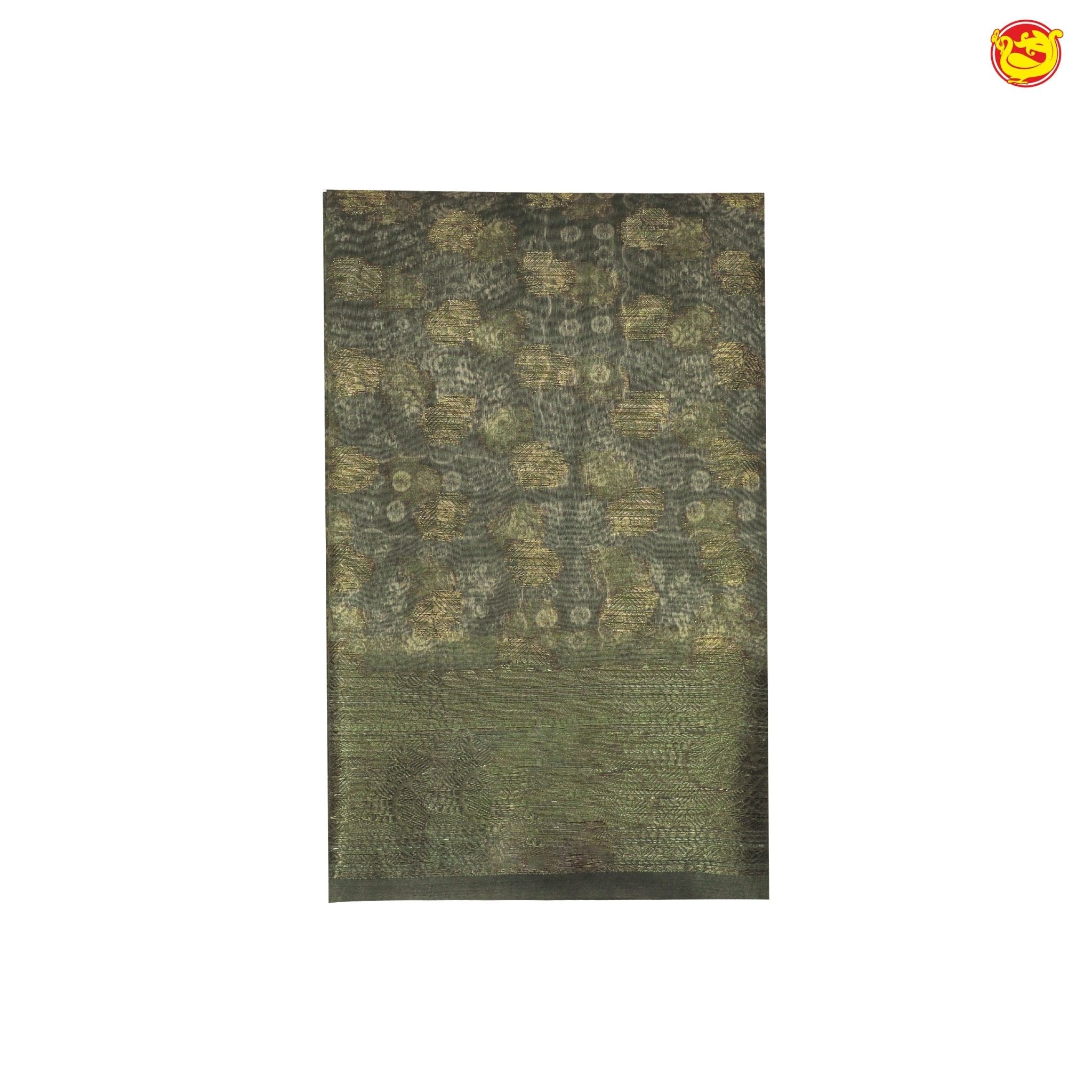 Unique Dark Olive Green Chanderi Silk Saree with Floral Motifs and Gold Zari Border