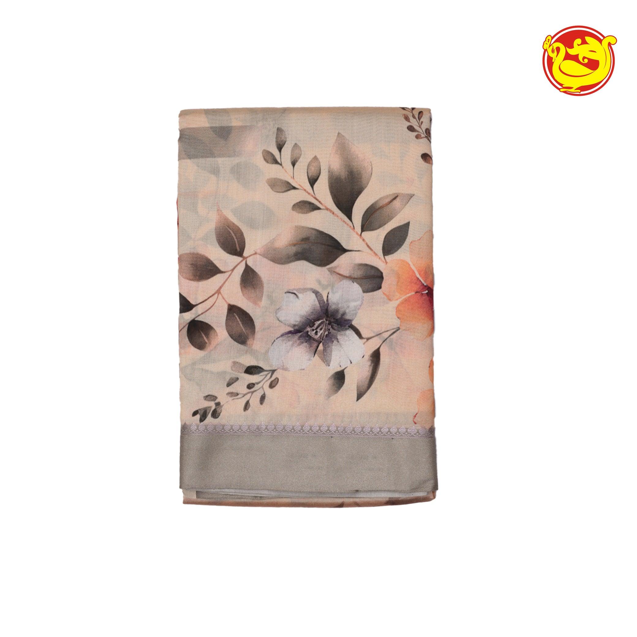 Dupion Cream Printed Saree With Floral Motifs,Zari Design Border & Intricate Pallu