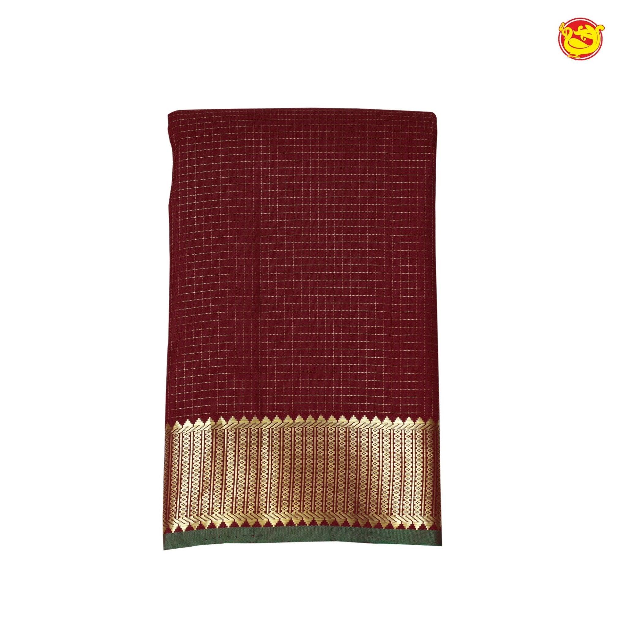 Maroon With Olive Green Checked Motifs Gold Zari Strips Border Pure Kanjivaram Subhalaya Soft Silk Saree