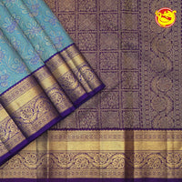 Peacock Blue Wedding Silk Saree With Purple Pallu - Thenianantham