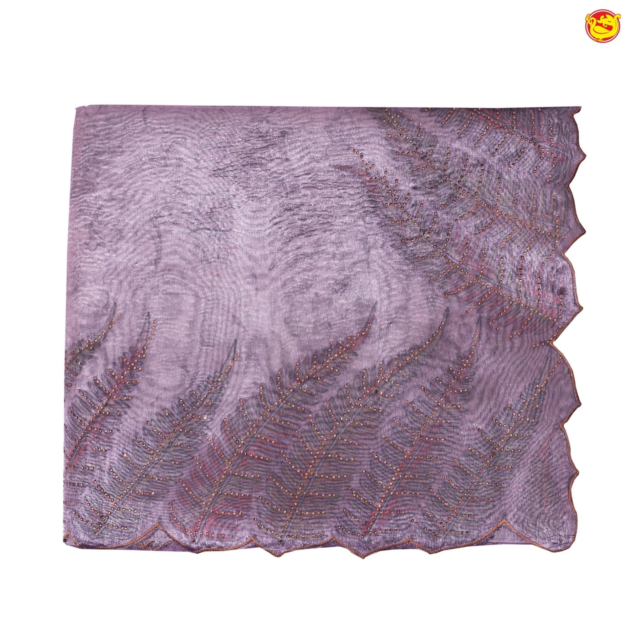 African Violet with Cutwork and Stonework Border With Floral Leaf Digital Prints Tissue Crush saree