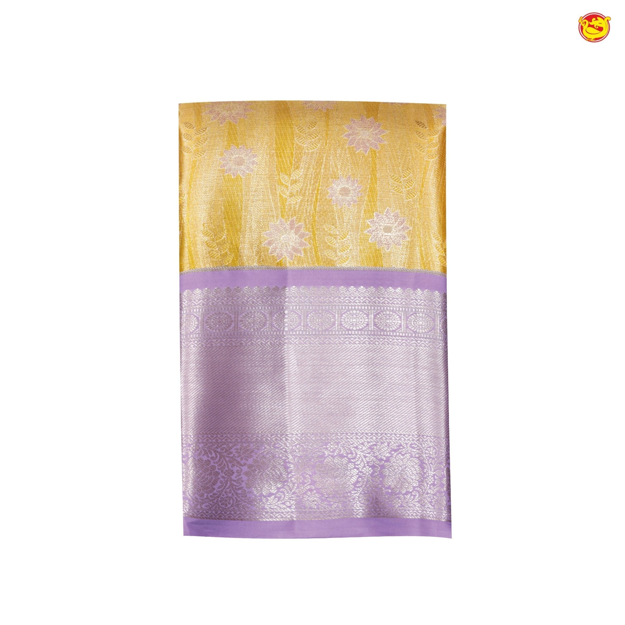 Tissue Golden Yellow With Lavender Floral Motifs Gold Zari Border Pure Kanjivaram Subhalaya Wedding Silk Saree